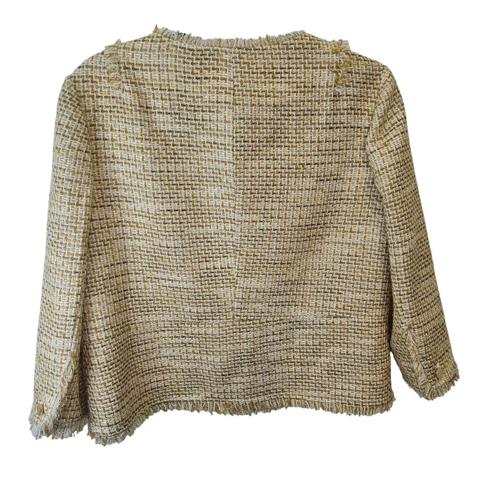 Tory Burch Emma Women Tweed Jacket  Beige Yellow Waist Length Gold Details Sz 12